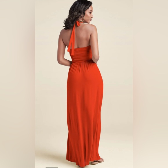 VENUS Bright Tangerine-Colored Halter Maxi Dress w Pockets Ties at Neck Backless - Picture 3 of 14